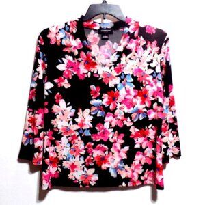 Liz Claiborne Black Top with Multicolor Floral Design & Long Sleeves – Size: L